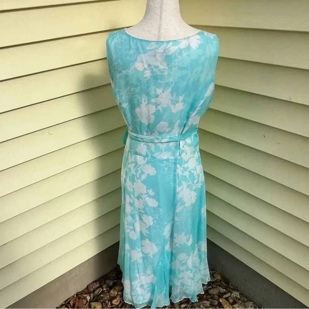 ICE Blue Silk Floral Wrap Dress Pearls Romantic Vintage Y2K Tie Women's Small